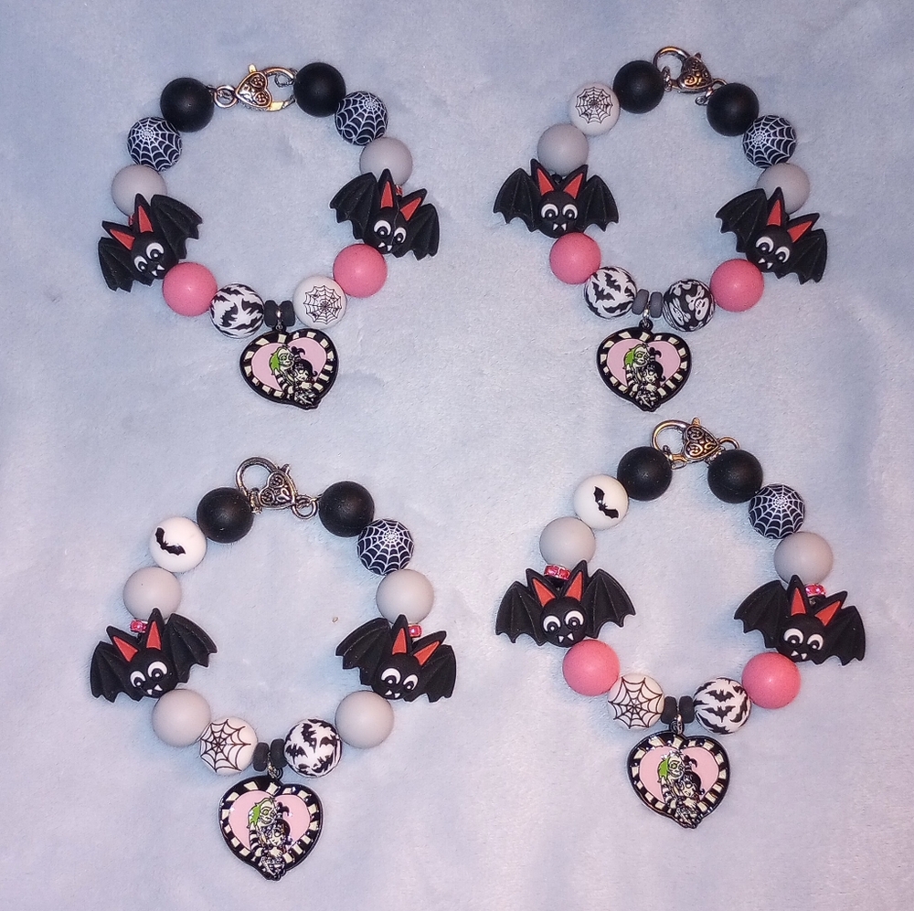 Beetlejuice Bats Halloween Silicone Beaded Bracelet HandmadeBlack Pink Spiderweb